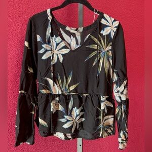 Roxy Black Floral Peplum Long-Sleeve Blouse